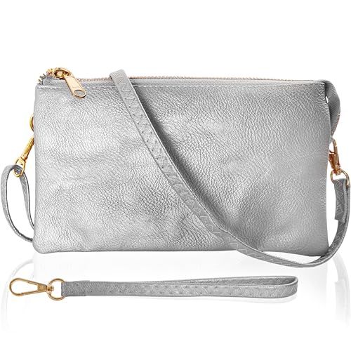 Vegan Leather Crossbody Wristlet Purse for Women - Small Convertible Clutch - color: Silver