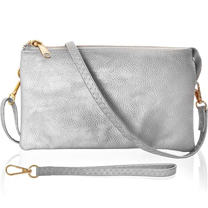 Vegan Leather Crossbody Wristlet Purse for Women - Small Convertible Clutch - color: Silver
