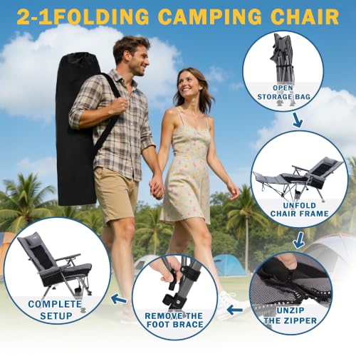 Folding Reclining Camp Chair with Footstool for Camp, Picnic, Lawn, Fishing - color: Grey