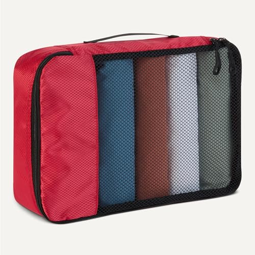 Amazon Essentials 여행용 액세서리 세트 4피스 패킹 큐브, 더블 지퍼가 있는 수하물 정리함, 100% 폴리에스터, 메시 탑, 레드, 4피스 패킹 큐브 세트 - 스몰, 미디엄, 라지, 슬림 - color: 레드, size: 소형