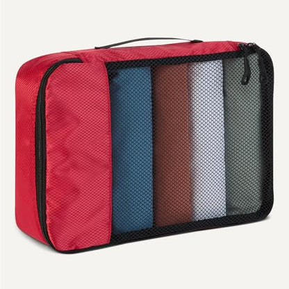 Amazon Essentials 여행용 액세서리 세트 4피스 패킹 큐브, 더블 지퍼가 있는 수하물 정리함, 100% 폴리에스터, 메시 탑, 레드, 4피스 패킹 큐브 세트 - 스몰, 미디엄, 라지, 슬림 - color: 레드, size: 소형