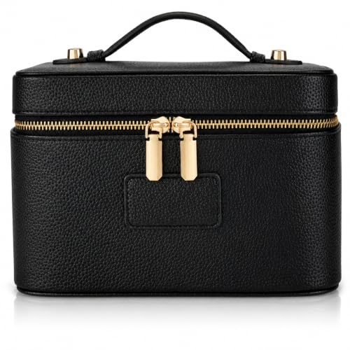 Makeup Bag Travel Toiletry Leather Cosmetic Case, Waterproof Makeup Organizer with Brush Holder, Wipe Clean Removable Divider Vanity Train Bag for Women, Black - color: Black