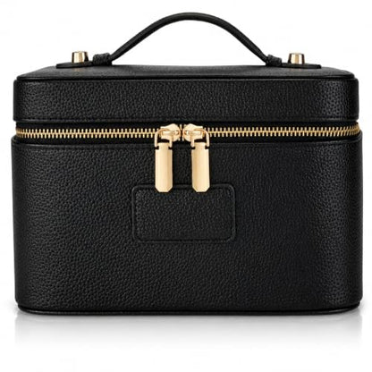 Makeup Bag Travel Toiletry Leather Cosmetic Case, Waterproof Makeup Organizer with Brush Holder, Wipe Clean Removable Divider Vanity Train Bag for Women, Black - color: Black