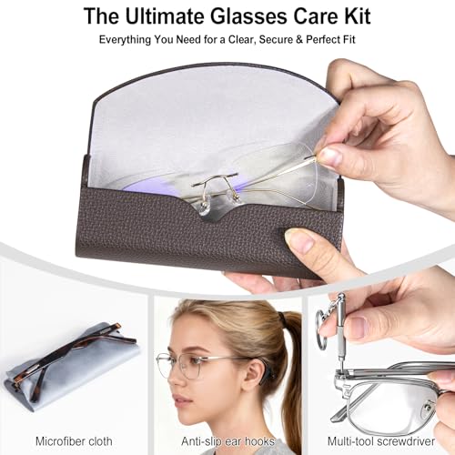 RayLove Ultimate Glasses Case Kit, Hard Shell Sunglasses and Eyeglass Case with Cleaning Cloth, Screwdriver, Ear Hooks - color: Coffee