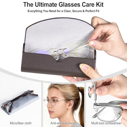 RayLove Ultimate Glasses Case Kit, Hard Shell Sunglasses and Eyeglass Case with Cleaning Cloth, Screwdriver, Ear Hooks - color: Coffee