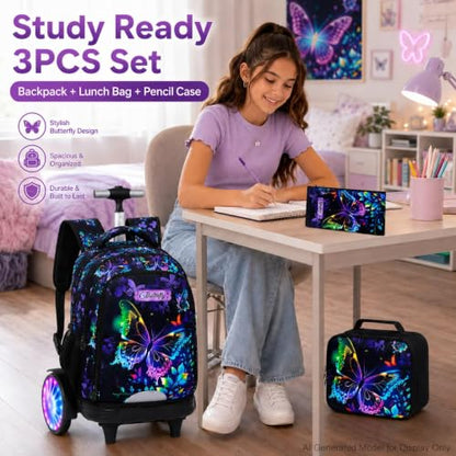 3Pcs Rolling Backpack for Girls with Light Up Wheels, Detachable Large Wheels, Kids Butterfly Wheeled Backpack Set for Elementary School Travel (Black) - color: Butterfly Black