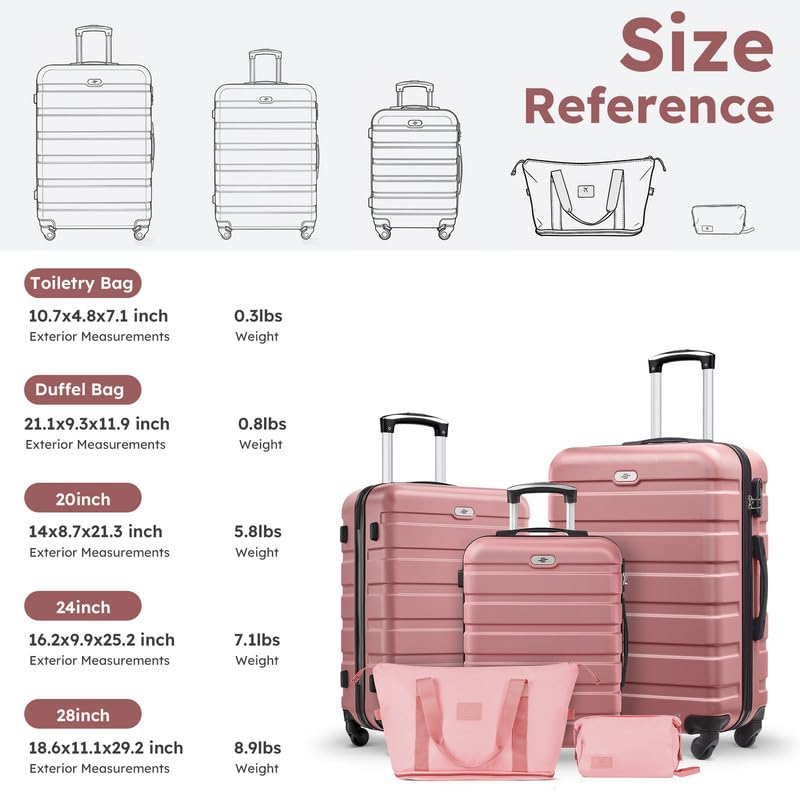 Suitour Luggage Sets 5 Piece, 20, 24, 28 inch Hardside Carry-on and Checked Suitcase Set with Travel Duffle Bag Sets（Rose Gold） - color: Rose Gold, size: 5 Piece Sets(20+24+28)
