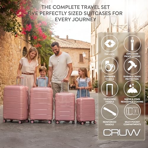 5-Piece Luggage Set Expandable Hardside Polypropylene Suitcase Set with TSA Locks & 8 Silent Spinner Wheels Lightweight Nested Suitcases Travel Set American Airline-Approved Carry-On - Pink - color: Pink, size: 5-Piece Set