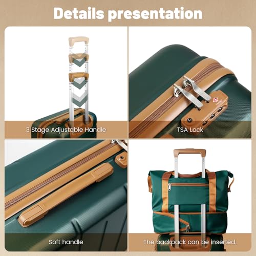 5 Piece Luggage Sets, Suitcases with Wheels ABS Hardshell Carry-On for Family and Business Travel | TSA Lock, 360° Silent Spinner Wheels(20/24/28/DB/TB Green) - color: Dark Green, size: 5 Piece Set (20/24/28/DB/TB)