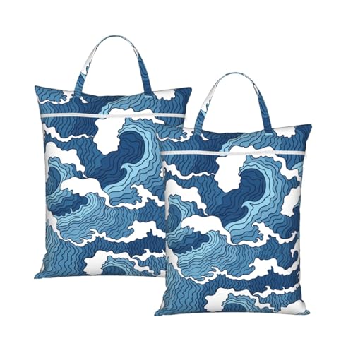 "Japanese Blue and White Wave Kanagawa Great Waves 2-Pack Travel Laundry Bags for Dirty Clothes- Large Waterproof Laundry Tote, Wet & Dry Use, Reusable Foldable Carry Handles for Vacation, Gym & Dorm" - color: Japanese Blue And White Wave Kanagawa Great W