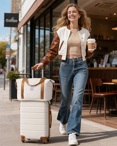 LONG VACATION Luggage Sets with Spinner Wheels, Carry on Suitcase 3 Piece - color: WHITE-BROWN, size: 3 piece set(DB)