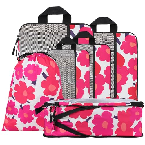 U+U 6 Set Compression Packing Cubes, Travel Organizers (Red Flower) - color: Red Flower, size: 6 Set