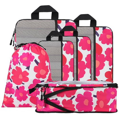 U+U 6 Set Compression Packing Cubes, Travel Organizers (Red Flower) - color: Red Flower, size: 6 Set