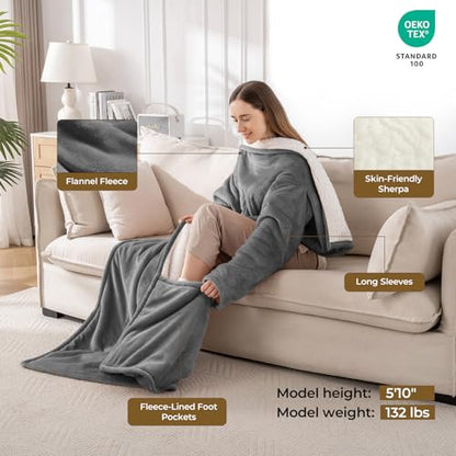 Wearable Heated Blanket with Foot Pocket & Sleeves, 50"x70", Light Grey - color: Light Grey, size: Long