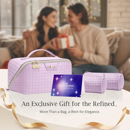 Travel Makeup Bag for Women: 3 Pcs Set Vagen Leather Cosmetic Bag - color: 06Purple