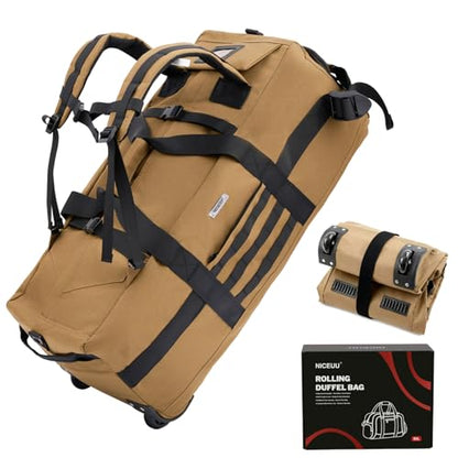 80L Travel Rolling Duffel Bag with wheels, Military Tactical Wheeled Foldable for Deployment Travel Camping Sports - color: Khaki（Adjustable handle）
