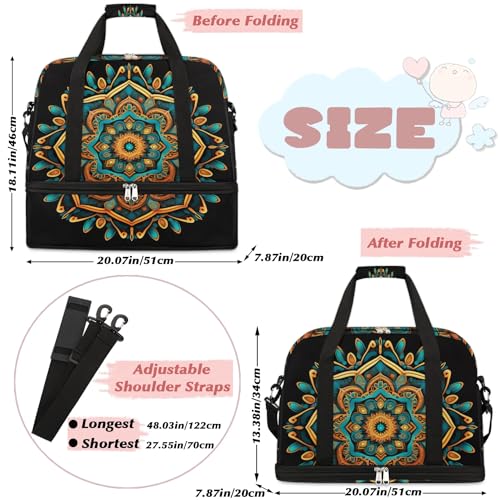 Travel Duffle Bags With Shoes Compartment for Women Men Mandala Flower Ethnic Boho Lightweigh Sports Tote Gym Bag Foldable Canvas Weekender Overnight Carry On Luggage Handle Bag - color: A02: Mandala
