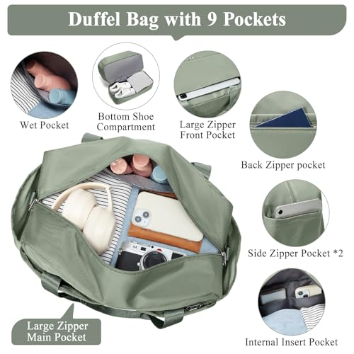 Travel Duffel Bag with Shoes Compartment, Carry-on Weekender Bags for Women - color: Olive Green 3Pcs Set