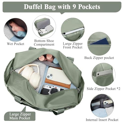 Travel Duffel Bag with Shoes Compartment, Carry-on Weekender Bags for Women - color: Olive Green 3Pcs Set
