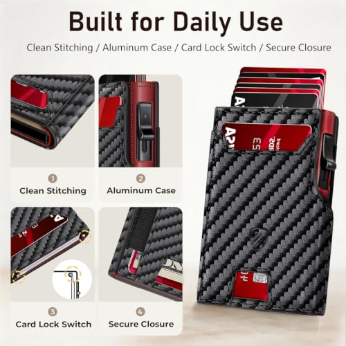 RUNBOX Wallet for Men 9-13 Cards RFID Blocking Slim Pop-Up Card Holder - color: Black+RED