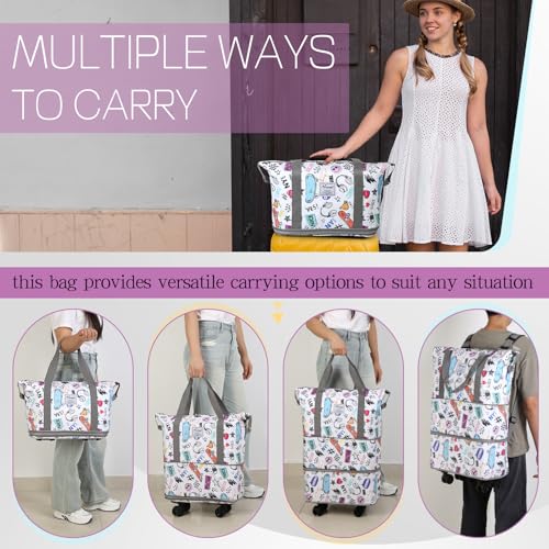 Rolling Duffel Bag with Wheels - Foldable Expandable Duffle Bag with Wheels for Travel, Rolling Luggage Bag Carry On Bag with Wheel, Large Rolling Backpack Weekend Bag for Men Women (White) - color: White