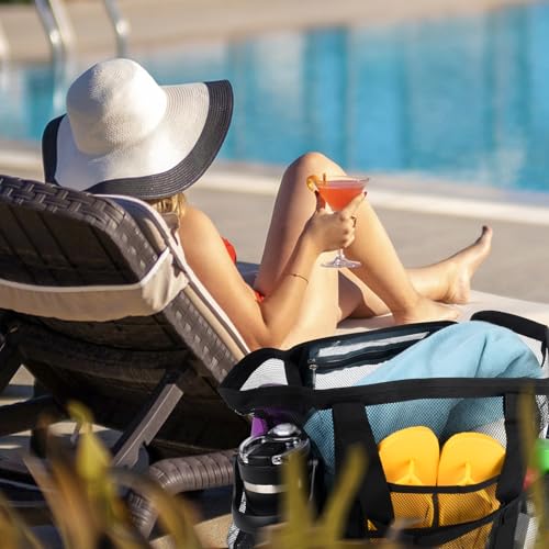CaCTOUR Mesh Beach Bag,Large Beach Bags for Women with 8 Pockets,Packable Tote Bag for Beach Cruise Pool Vacation Essentials - color: Black