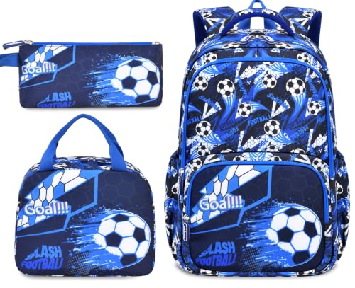 Boys Backpack Set 3PCS Ages 6-12, Kids School Backpack - color: Soccer Blue