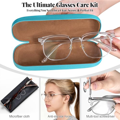 RayLove Unisex Hard Shell Eyeglasses Cases, Protective Case For Glasses - color: Litchi Texture-2pack Sky Blue