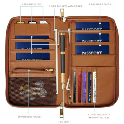 Family Passport Holder Wallet RFID Blocking Document Organizer - color: Brown Cow