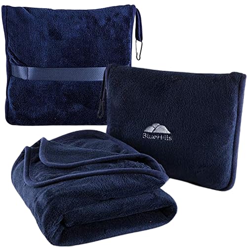 BlueHills Premium Soft Travel Blanket Pillow Airplane Compact - Navy Blue | Convertible 2 in 1 Travel Blanket to Pillow, Packed in Pillowcase, Luggage Strap & Carabiner, Compact, Long Flight Essentials - color: Navy-1pk-t002