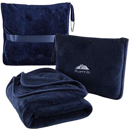 BlueHills Premium Soft Travel Blanket Pillow Airplane Compact - Navy Blue | Convertible 2 in 1 Travel Blanket to Pillow, Packed in Pillowcase, Luggage Strap & Carabiner, Compact, Long Flight Essentials - color: Navy-1pk-t002