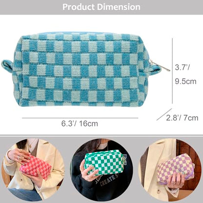 Checkered Makeup Bag for Purse, Small Travel Cosmetic Pouch,Lake Blue - color: Lake Blue