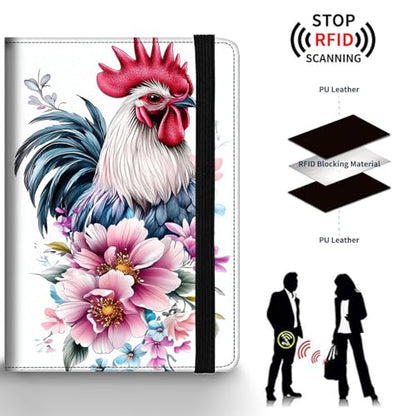 Passport Holder Wallet Cover Case,RFID Blocking Passport Cover,Large Capacity Travel Wallet with Multi Card Slots (Funny Rooster Flower) - color: Funny Rooster Flower