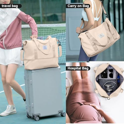 Travel Duffel Bag, Sports Tote Gym Bag, Shoulder Weekender Overnight Bag for Women - color: A1-beige-expandable, style: Large