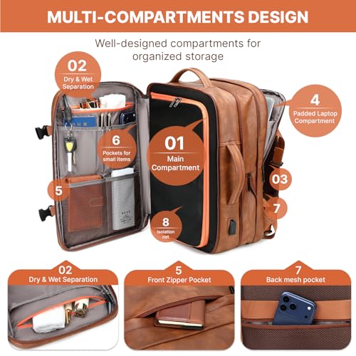 Travel Backpack Women, PU Leather Carry On Backpack Flight Approved, Brown - color: Brown