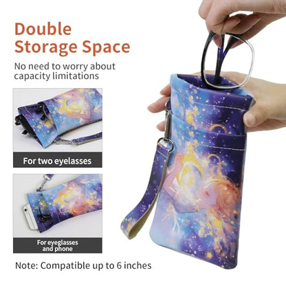 Double Eyeglass Case Soft Dual Glasses Case for Women Men Travel Squeeze Top Sunglasses Cases Eyeglasses Pouch - color: Blue Dream+cloud
