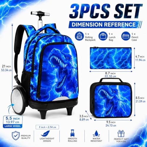 3Pcs Large Rolling Backpack for Boys, 20 Inch Detachable Wheeled Bookbag with Lunch Box, Durable Lightning Dinosaur Roller Backpack for Elementary Middle School (Blue) - color: Large Wheels Dinosaur Blue