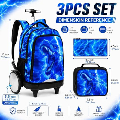 3Pcs Large Rolling Backpack for Boys, 20 Inch Detachable Wheeled Bookbag with Lunch Box, Durable Lightning Dinosaur Roller Backpack for Elementary Middle School (Blue) - color: Large Wheels Dinosaur Blue