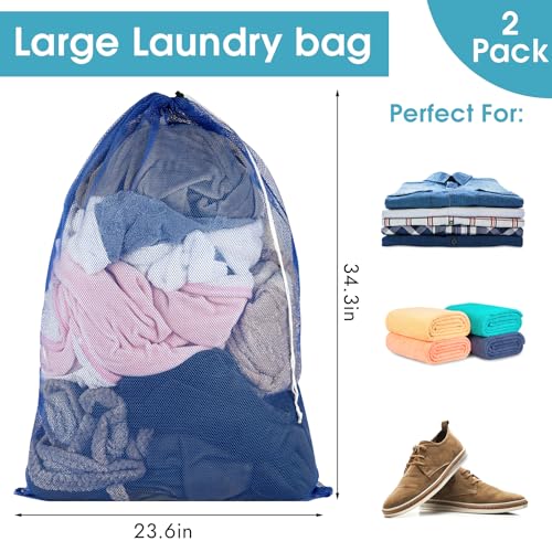 2 Pack Mesh Laundry Bags 23x34 Inch Drawstring Locking for Travel Home - color: Blue