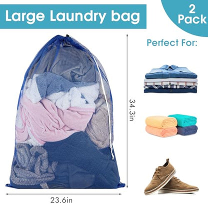 2 Pack Mesh Laundry Bags 23x34 Inch Drawstring Locking for Travel Home - color: Blue