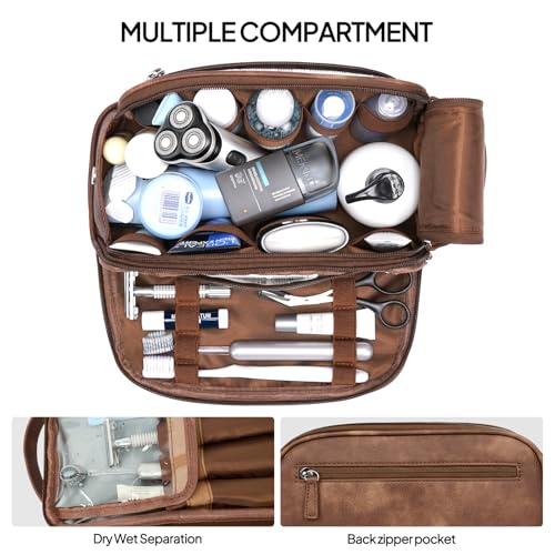 Toiletry Bag for Men, Large PU Leather Dopp Kit for Travel Toiletries - color: Brown