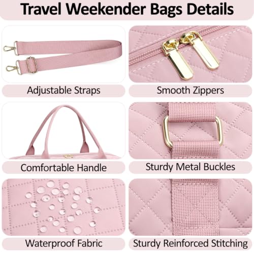 Tenot Quilted Duffle Bag for Women Travel Tote Bag with Luggage Sleeve - color: Pink, size: Large