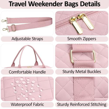 Tenot Quilted Duffle Bag for Women Travel Tote Bag with Luggage Sleeve - color: Pink, size: Large