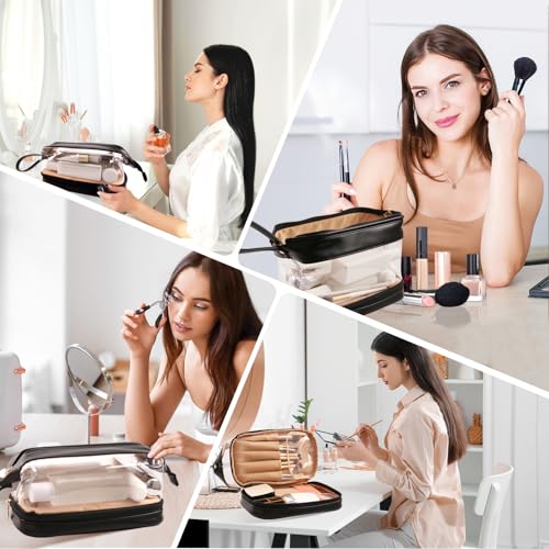 Abiudeng Large Capacity Makeup Bag Ladies Cosmetic Bag Travel Bag with Compartments Portable PU Leather Travel Makeup Bag with Handle - color: Clear-Black