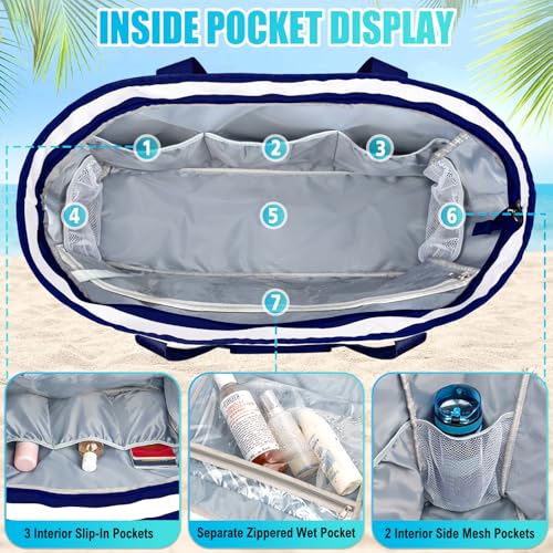 Extra Large Beach Bags for Women Waterproof Sandproof Beach Tote Bag - color: Navy Blue and White