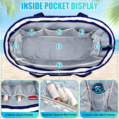 Extra Large Beach Bags for Women Waterproof Sandproof Beach Tote Bag - color: Navy Blue and White