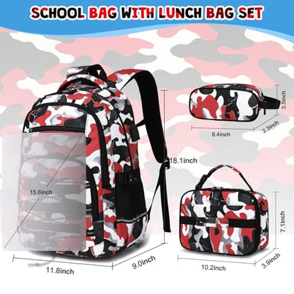 ACESAK 3PCS Camo Backpack for Boys with Lunch Box Pencil Case - color: Red White