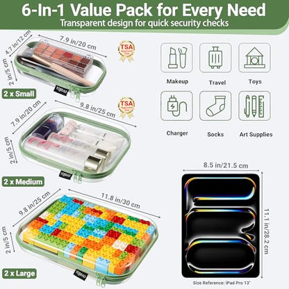 YQBRAO Clear Hard Shell Zipper Cases, 6 Multi-Size Organizers, Green - color: Green, size: 6 Pack (2L+2M+2S)