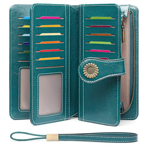 SENDEFN Wallets for Women Leather Credit Card Holder with RFID Blocking Large Capacity Wristlet - color: 1-Wax-A-Blue