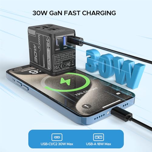 Universal Travel Adapter 30W GaN, All-in-One International Power Adapter
